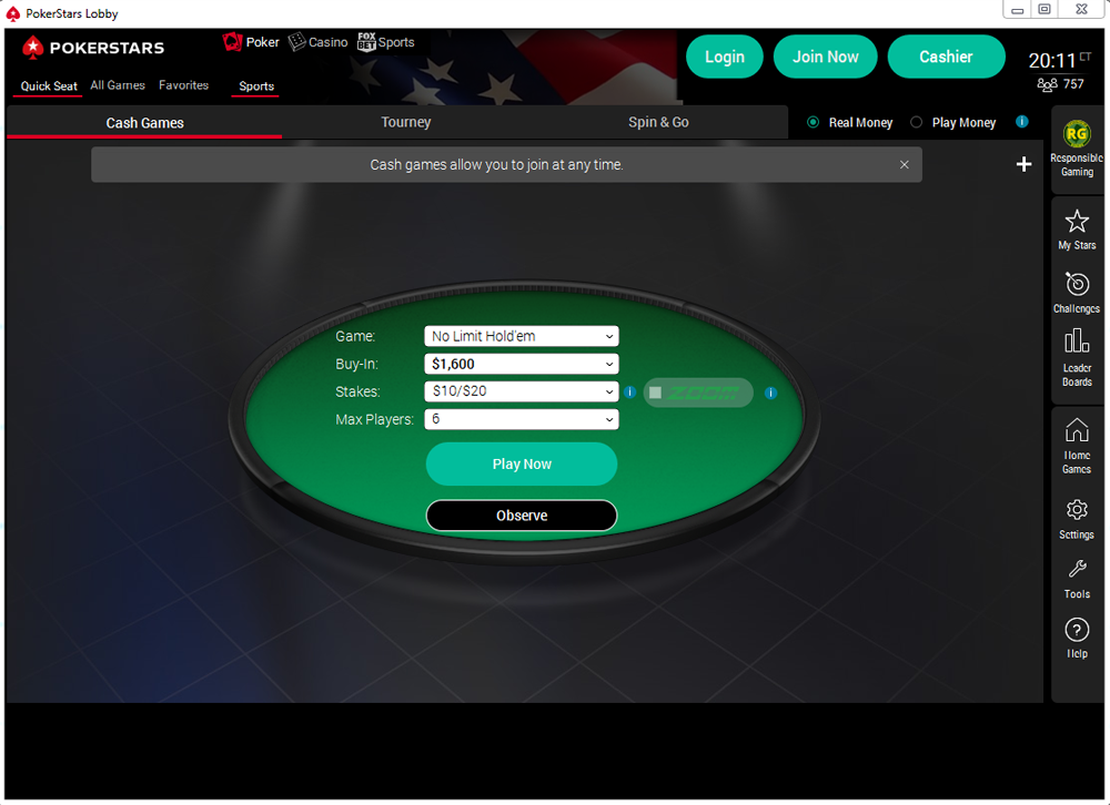 Jump straigt into cash game action using the quick seat option